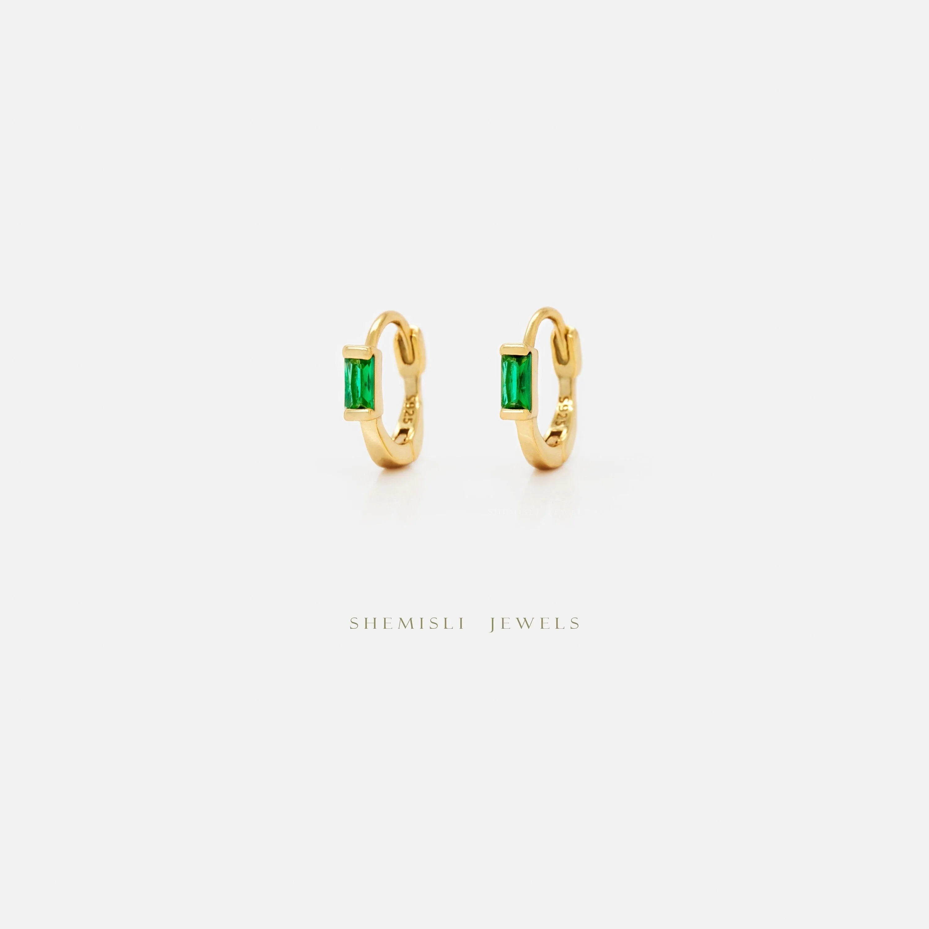 Emerald Baguette Hoops Earrings, Unisex, Gold, Silver SHEMISLI SH260