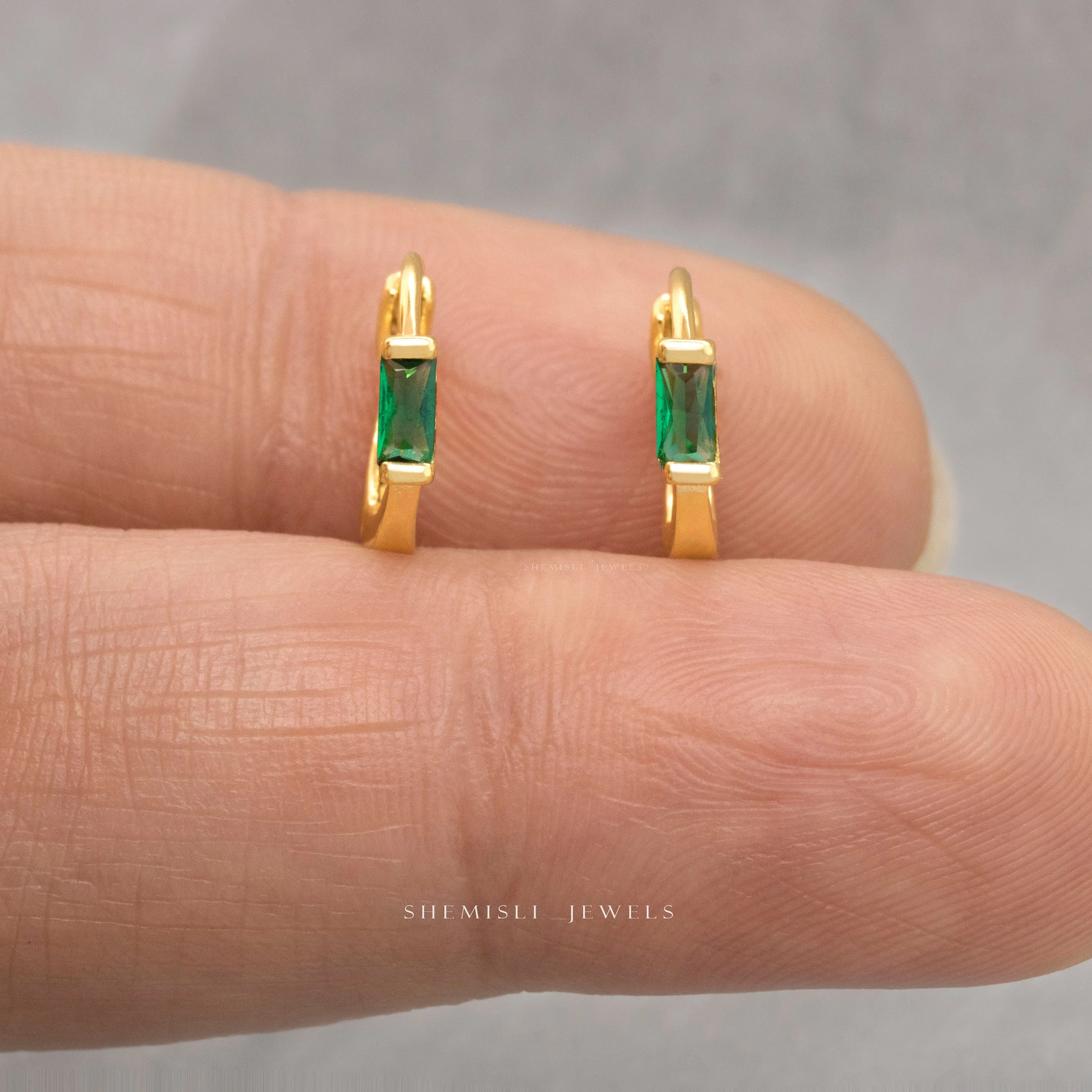 Emerald Baguette Hoops Earrings, Unisex, Gold, Silver SHEMISLI SH260