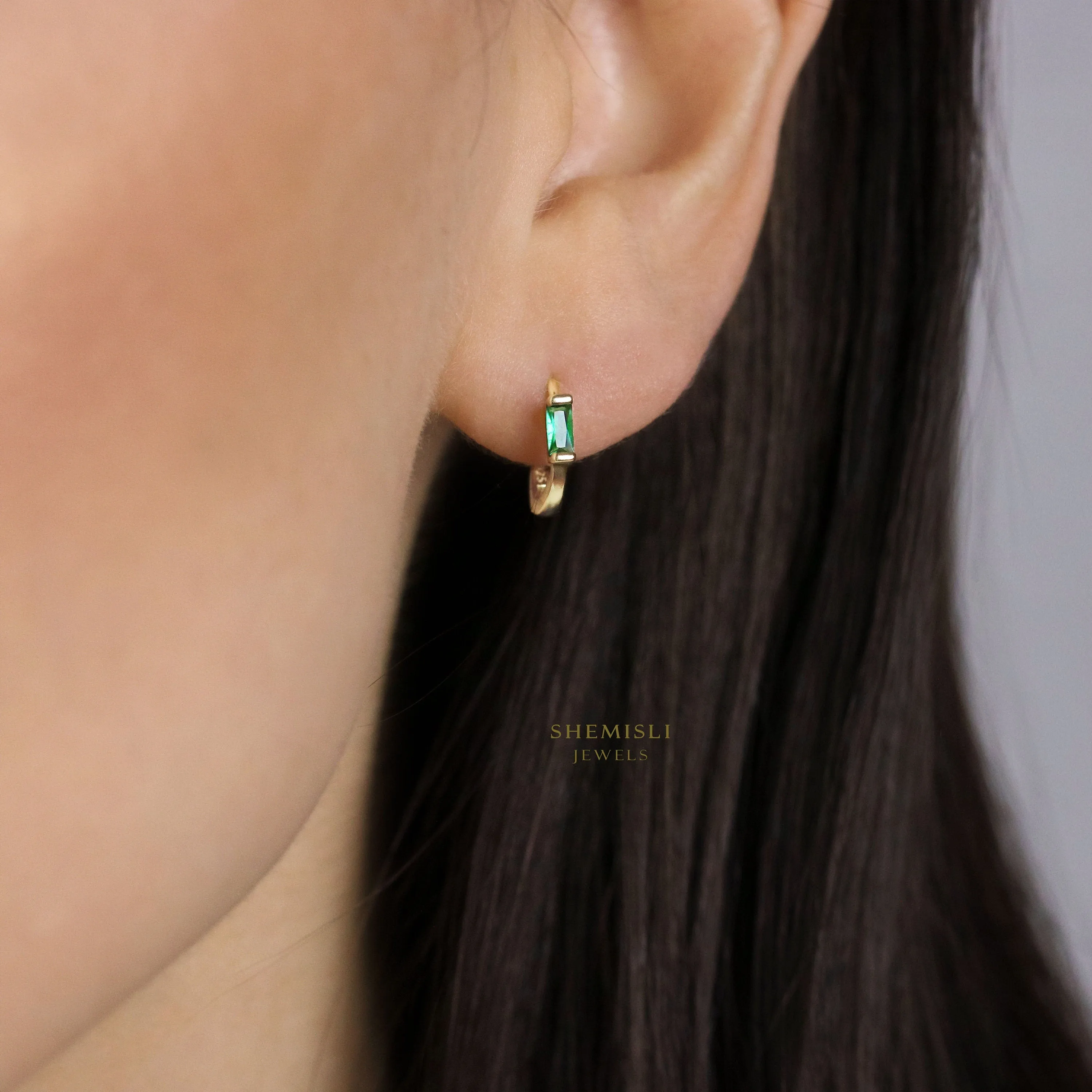 Emerald Baguette Hoops Earrings, Unisex, Gold, Silver SHEMISLI SH260