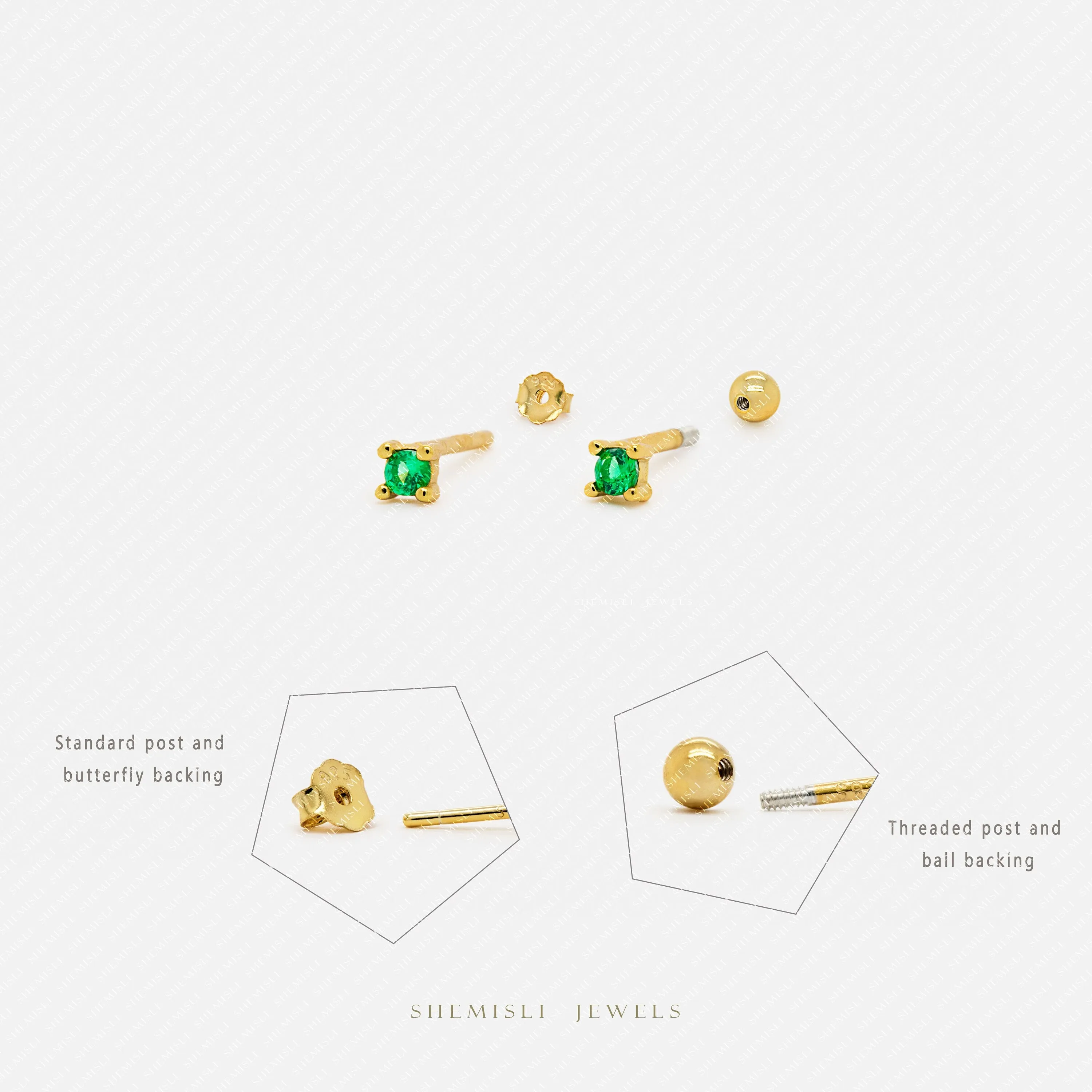 Emerald CZ Stud 1.5, 2, 2.5, 3mm Unisex, Gold, Silver SS222 SS086 SS180 SS087 Butterfly End, SS467 SS468 SS469 SS470 Screw Ball End (Type A)