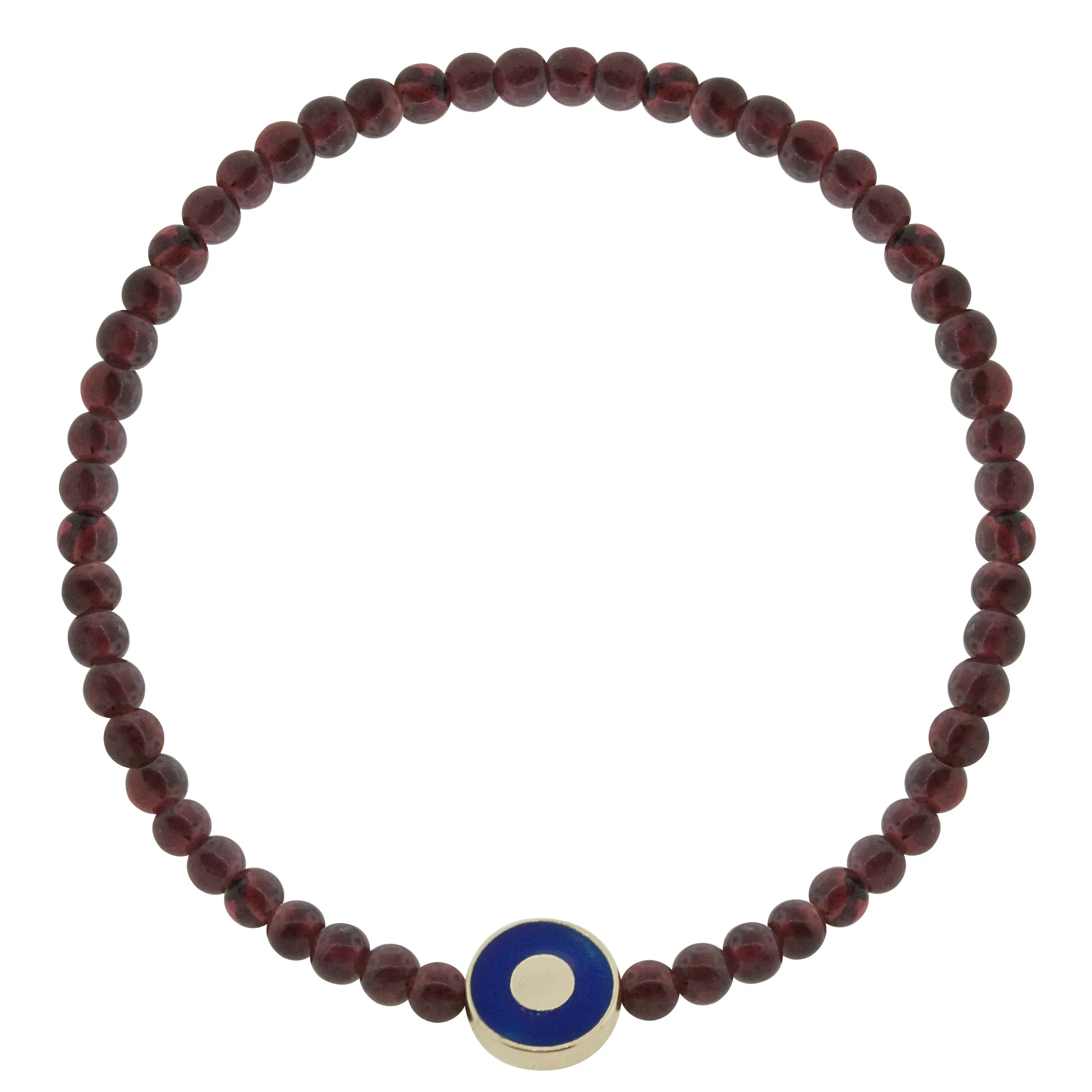 Enameled Gold Evil Eye Disk Garnet Beaded Bracelet