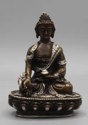 Finely carved Copper Medicine Buddha Statue inlaid Silver Robes