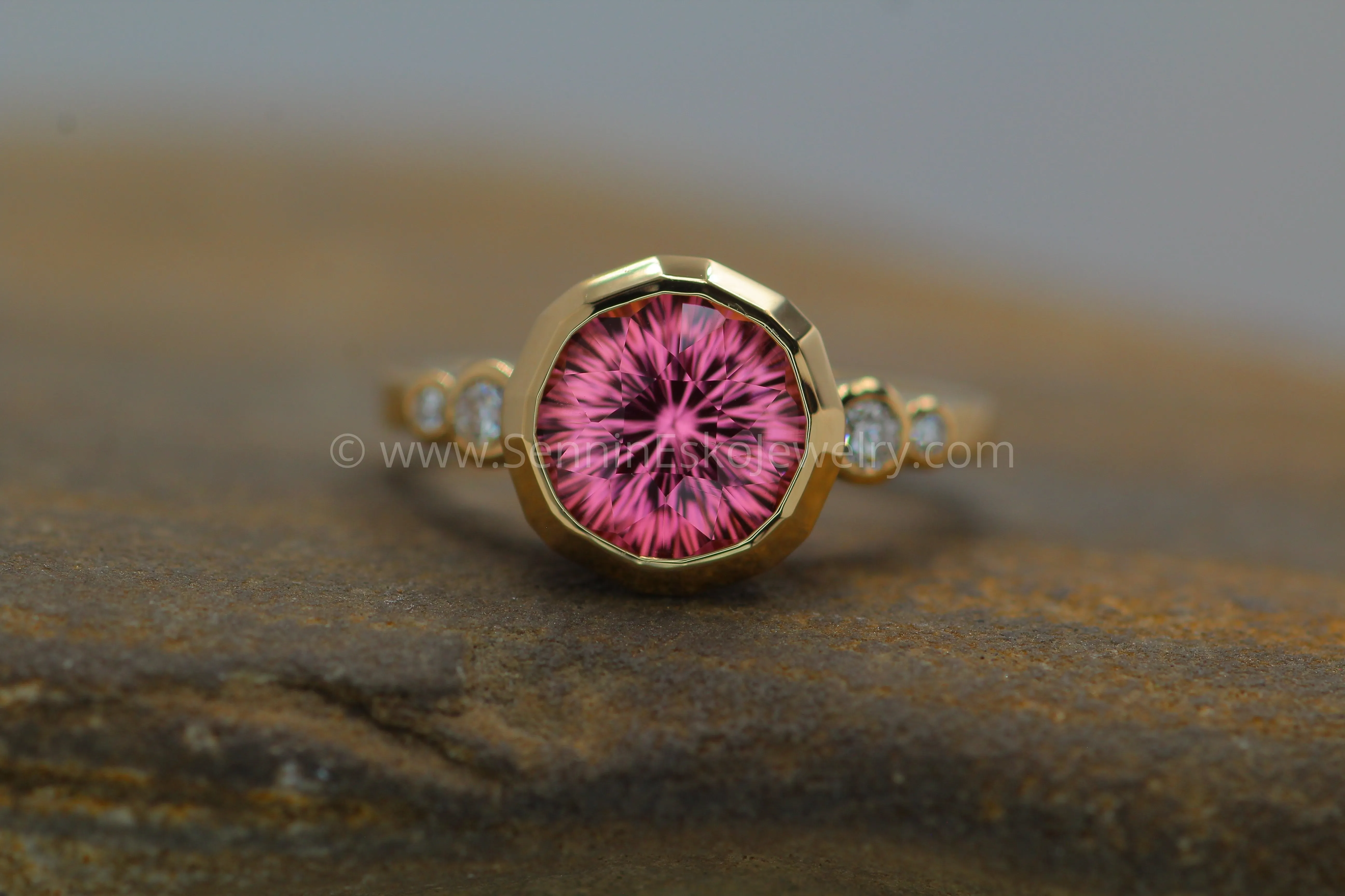 Five Stone Diamond Accented Multi Bezel Setting with a Faceted Texture Center Bezel - Depicted with a Fantasy cut Pink Tourmaline (Setting Only, Center Stone Sold Separately)