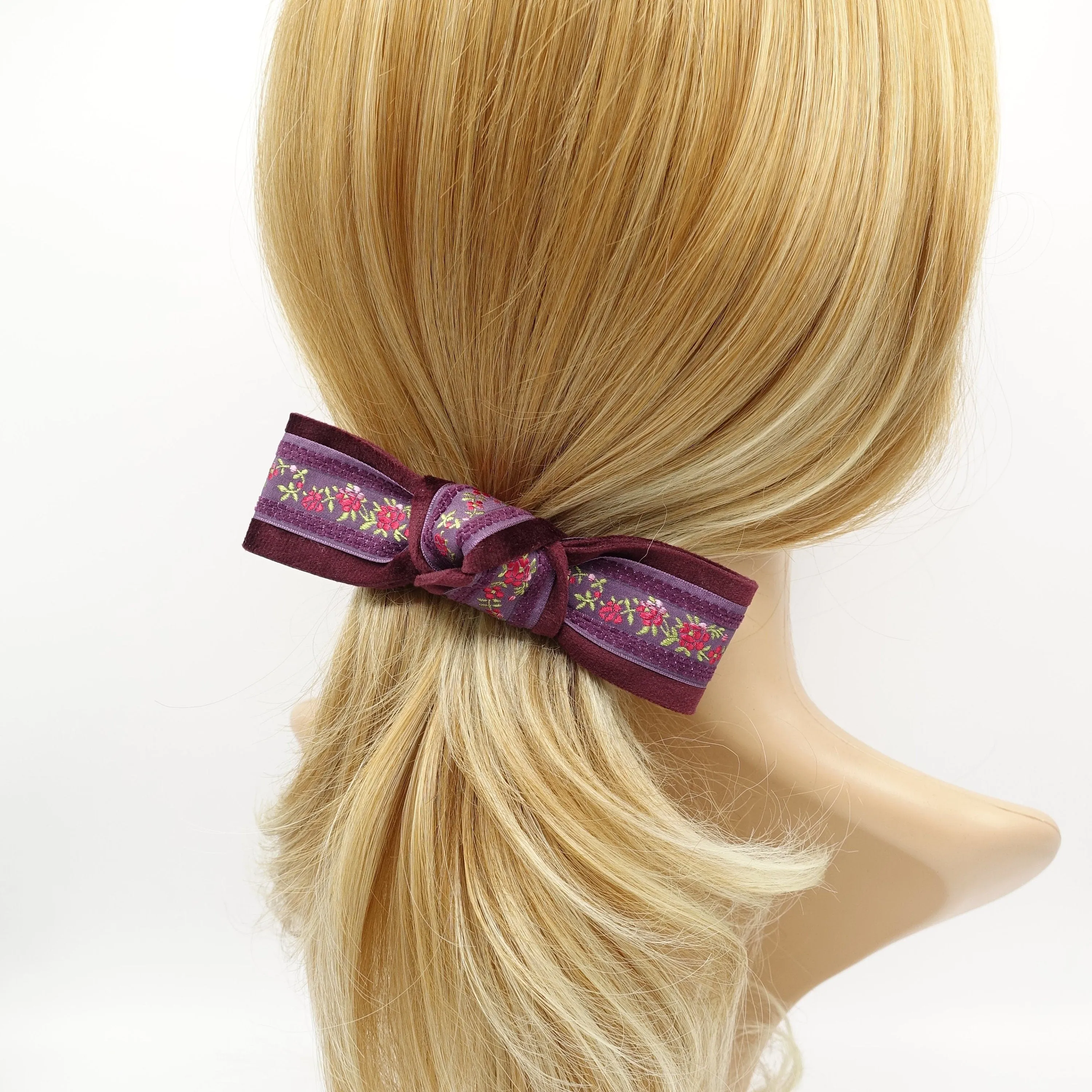 flower embroidery velvet layered knot hair bow luxury style hair accessory for women