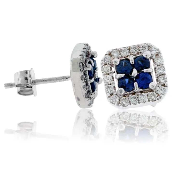 Four Blue Sapphire & Diamond Halo Square Stud Earrings