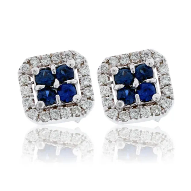 Four Blue Sapphire & Diamond Halo Square Stud Earrings