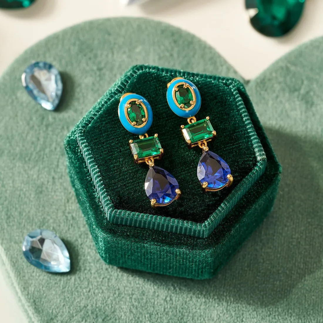 Frida Statement Enamel Earrings Sapphire, Emerald CZ and Gold