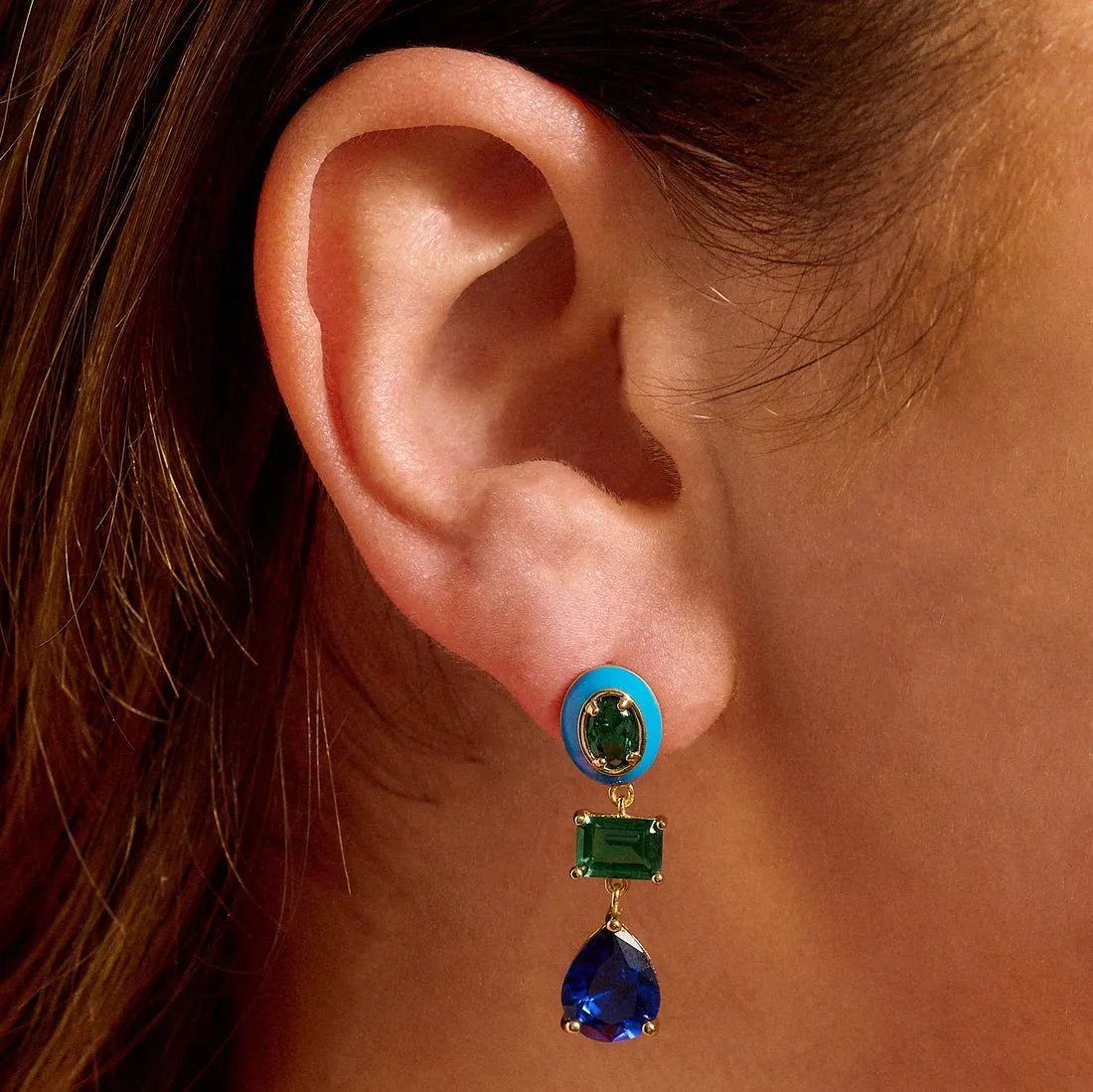 Frida Statement Enamel Earrings Sapphire, Emerald CZ and Gold