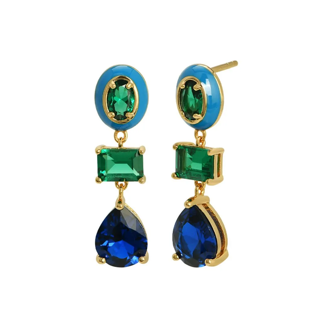 Frida Statement Enamel Earrings Sapphire, Emerald CZ and Gold