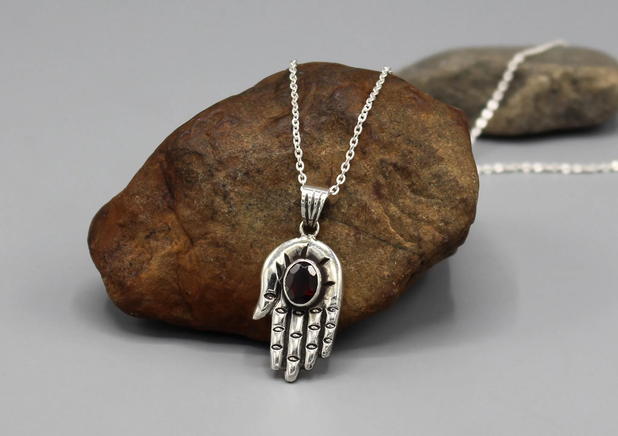 Garnet Inlaid Hamsa Sterling Silver Pendant