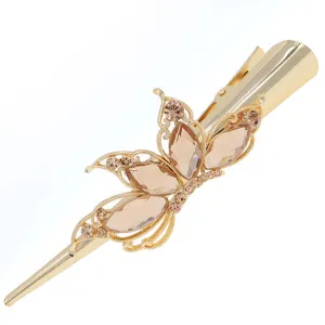 Gold Finish Rhinestone Butterfly Alligator Clip Barrette Champagne