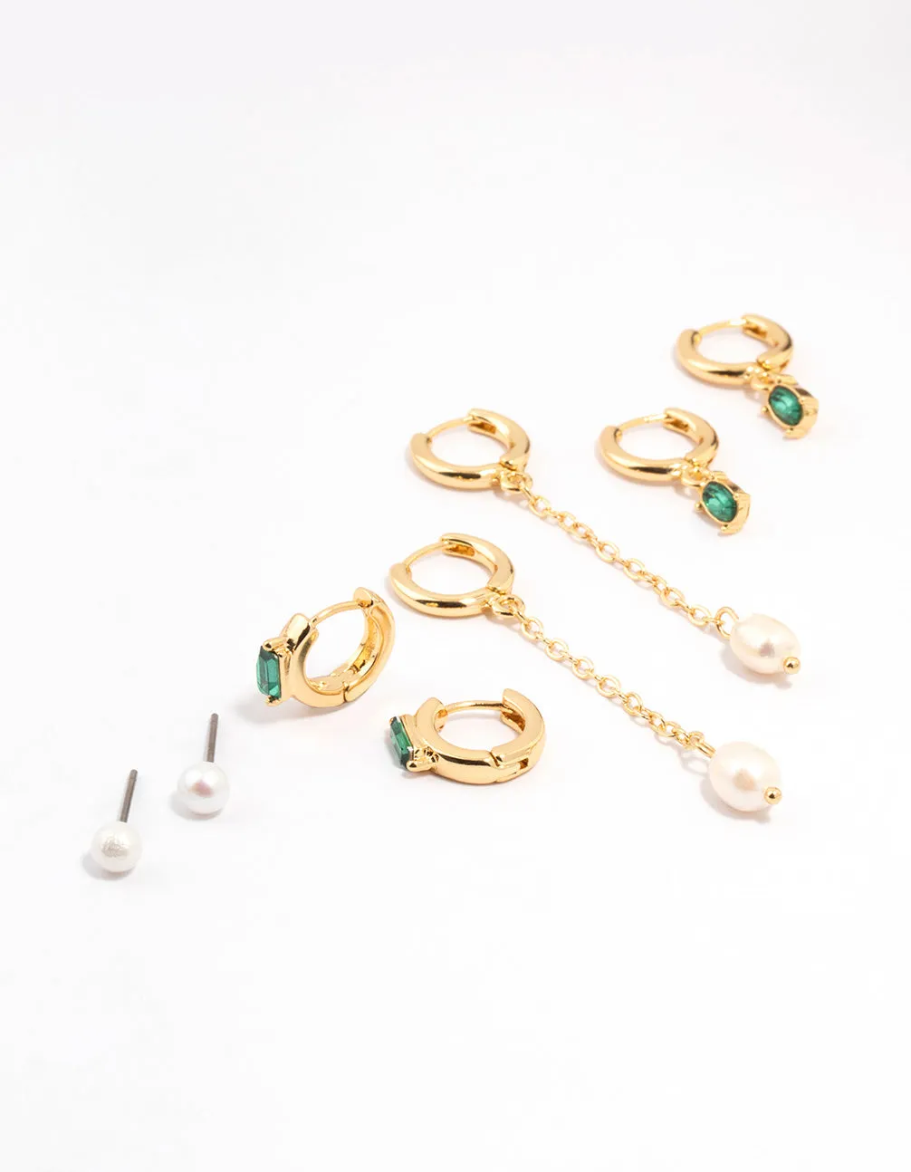 Gold Plated Oval Emerald & Freshwater Pearl Earrings 4-Pack