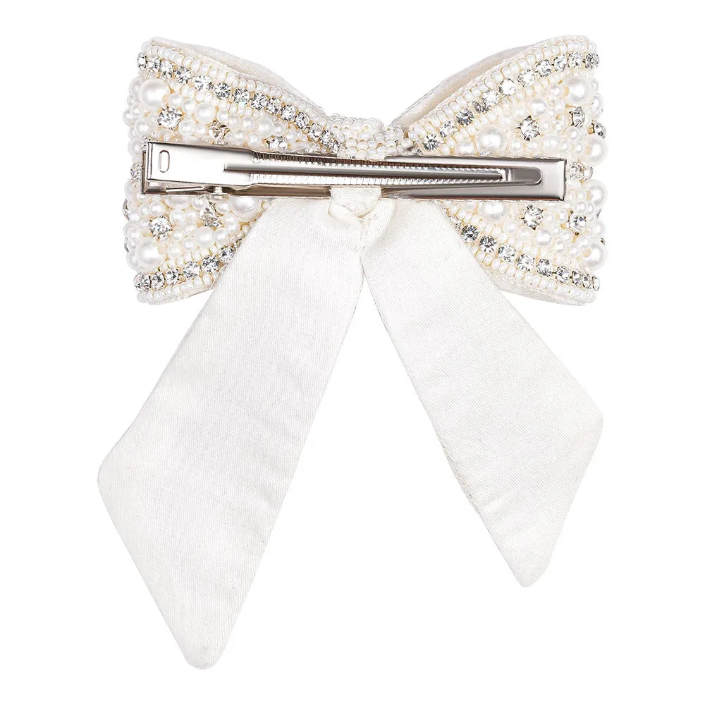 Hair Drama Co Embellished Crystal & Pearl Hair Bow Barrette Clip - Silver