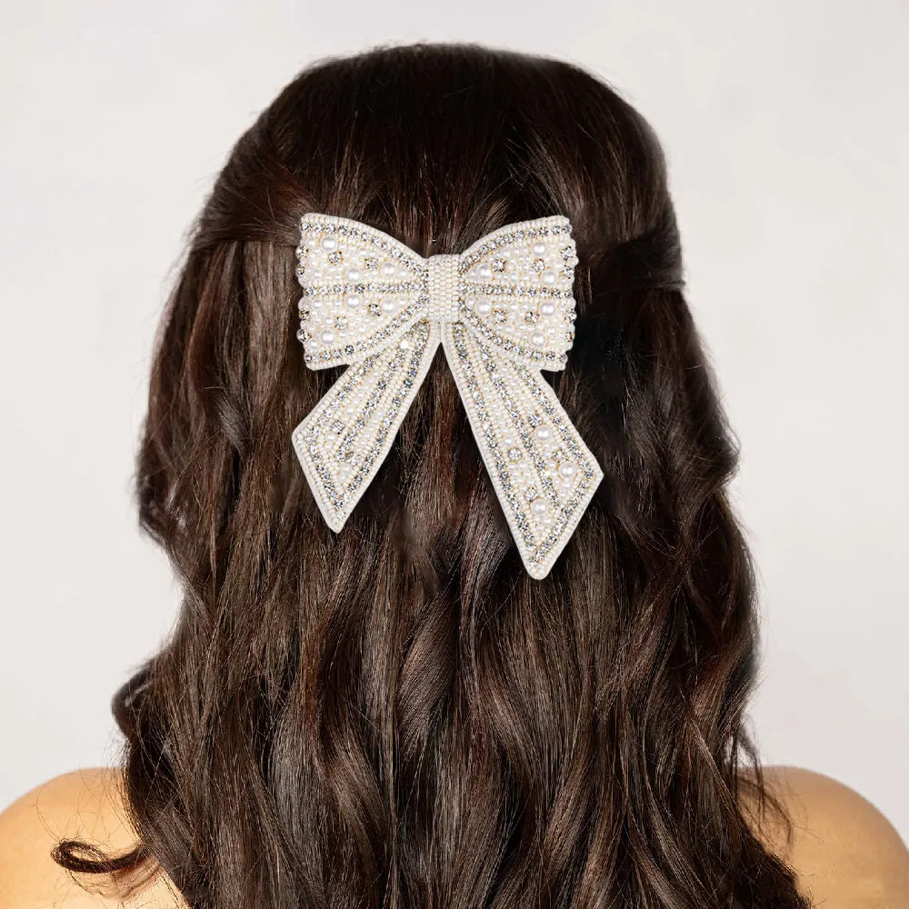 Hair Drama Co Embellished Crystal & Pearl Hair Bow Barrette Clip - Silver