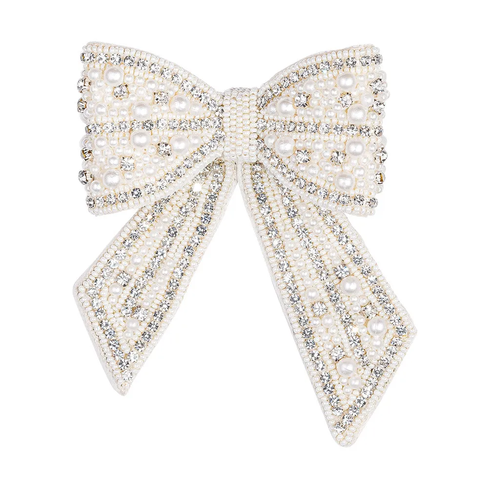 Hair Drama Co Embellished Crystal & Pearl Hair Bow Barrette Clip - Silver