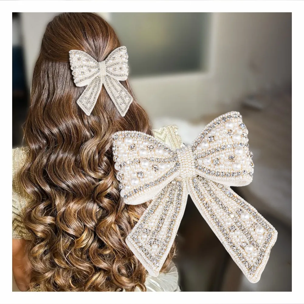 Hair Drama Co Embellished Crystal & Pearl Hair Bow Barrette Clip - Silver