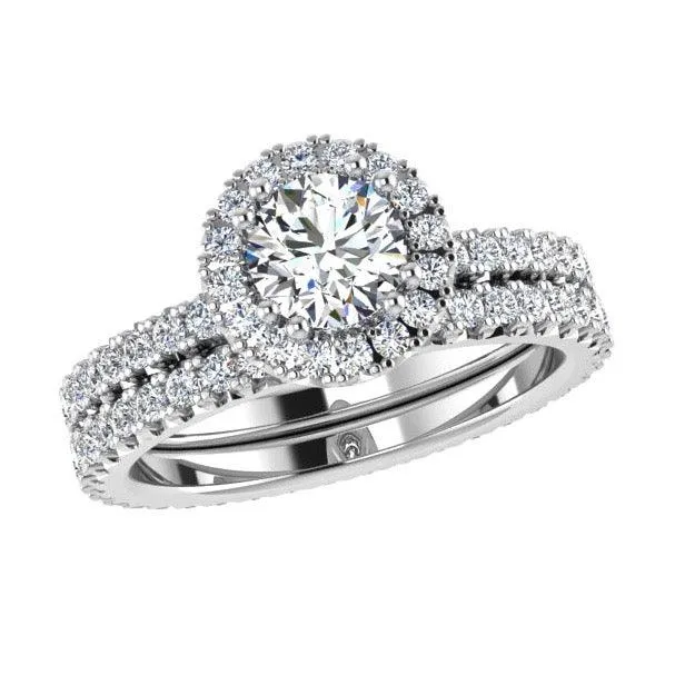 Halo Diamond Engagement Ring & Eternity Band Set 18K Gold