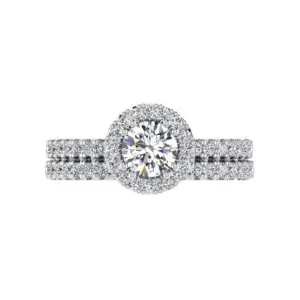 Halo Diamond Engagement Ring & Eternity Band Set 18K Gold