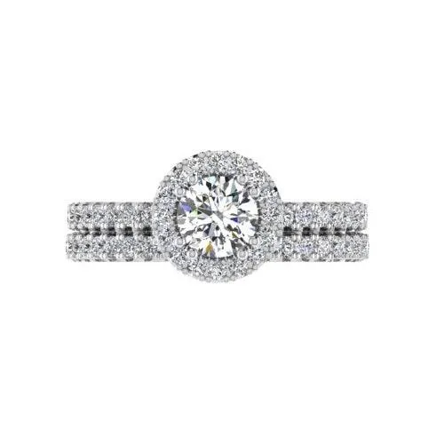 Halo Diamond Engagement Ring & Eternity Band Set 18K Gold