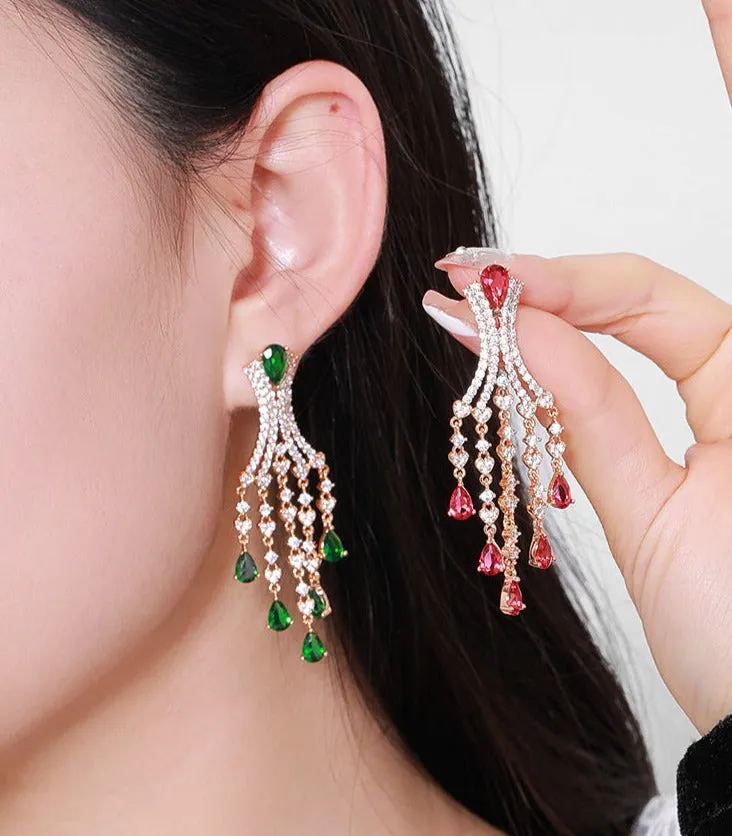 Heavy Industry Fashion Tassel Earrings New Trendy Inlaid Artificial Gemstones Light Luxury Retro Earrings