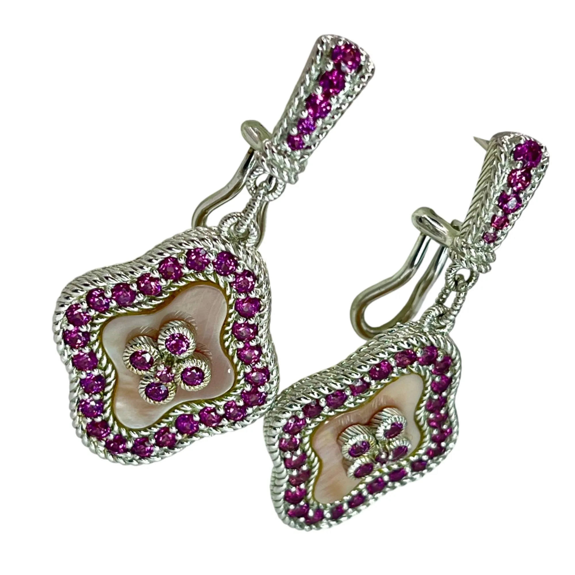 Judith Ripka 925 Sterling Silver Mother of Pearl Pink Sapphire Drop Earrings