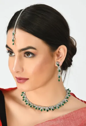 Kamal Johar American Diamond Silver-Plated Green Ruby Jewellery Set Jkms_027