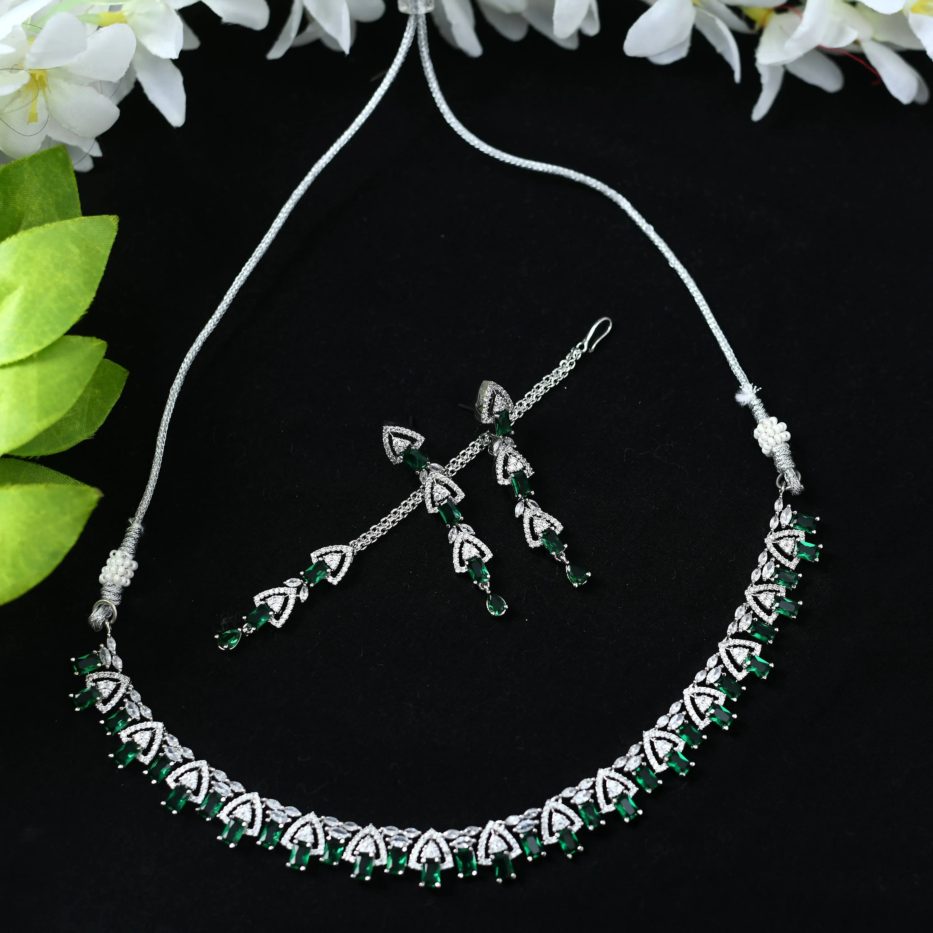 Kamal Johar American Diamond Silver-Plated Green Ruby Jewellery Set Jkms_027