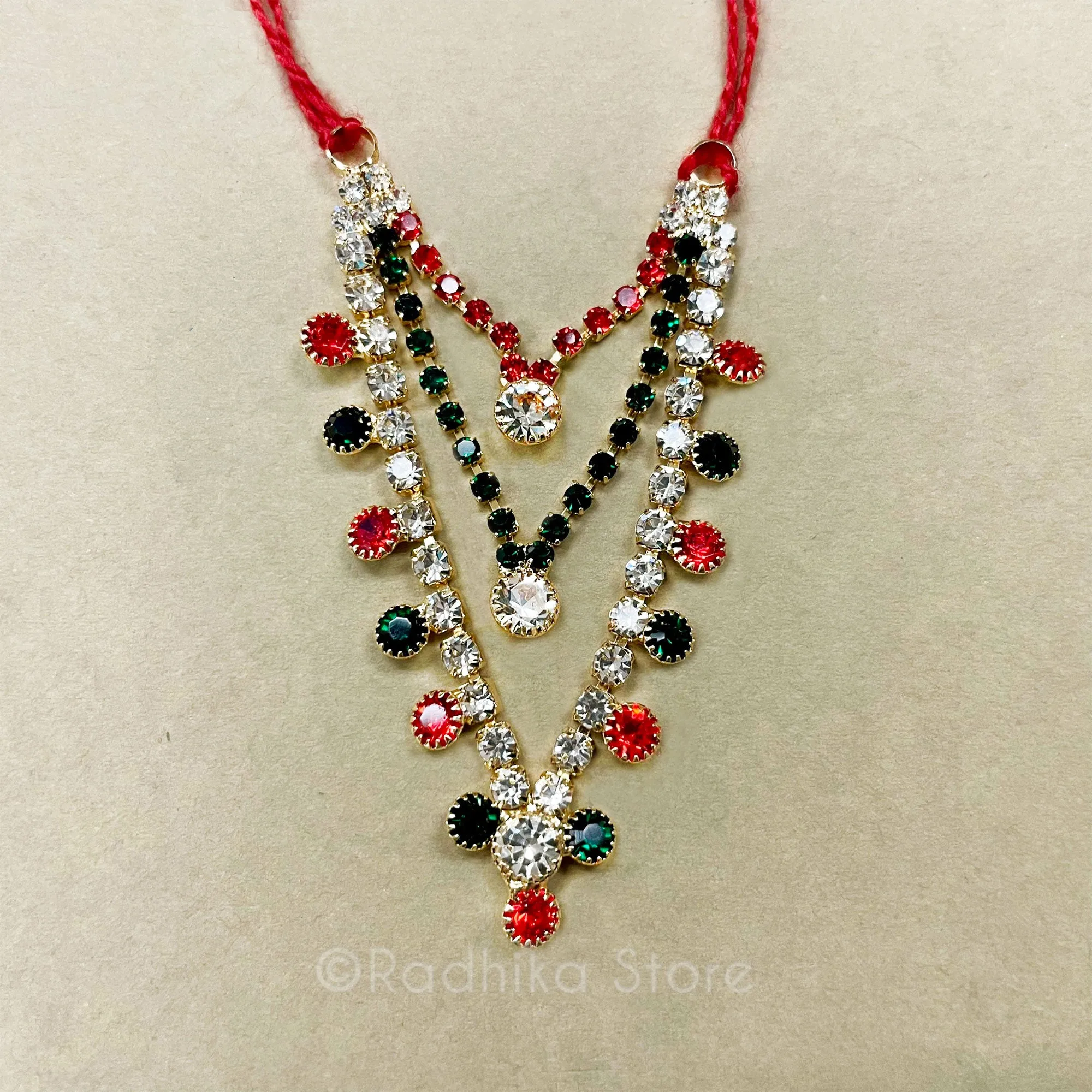 Krishna Dots - Ruby Emerald Diamond  - Multi Strand - Rhinestone Deity Necklace