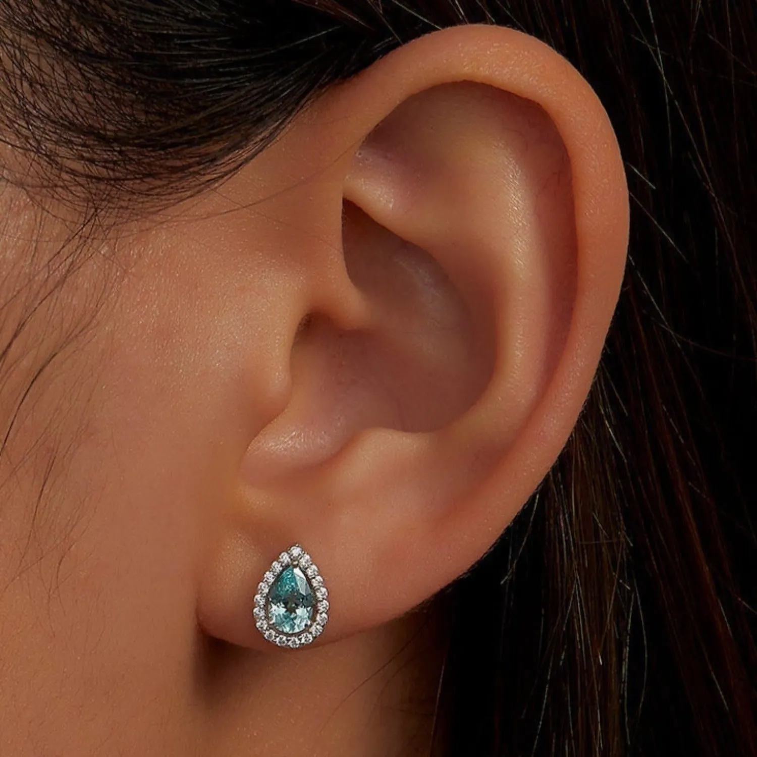 Lafonn Lab-Grown Pear Cut Teal Sapphire Halo Stud Earrings