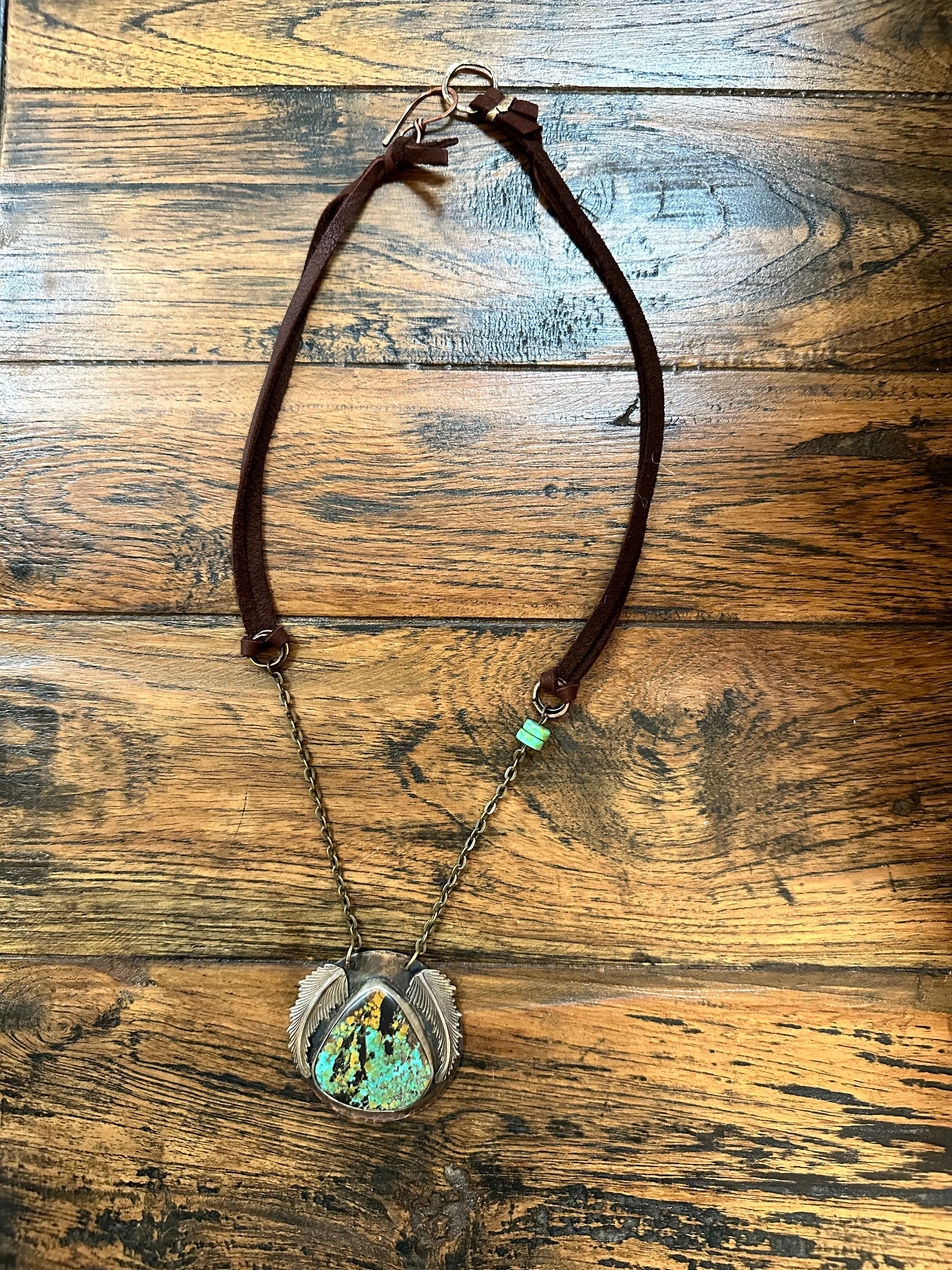 Large Turquoise and Feathers Handmade Necklace for Bourbon Cowgirl