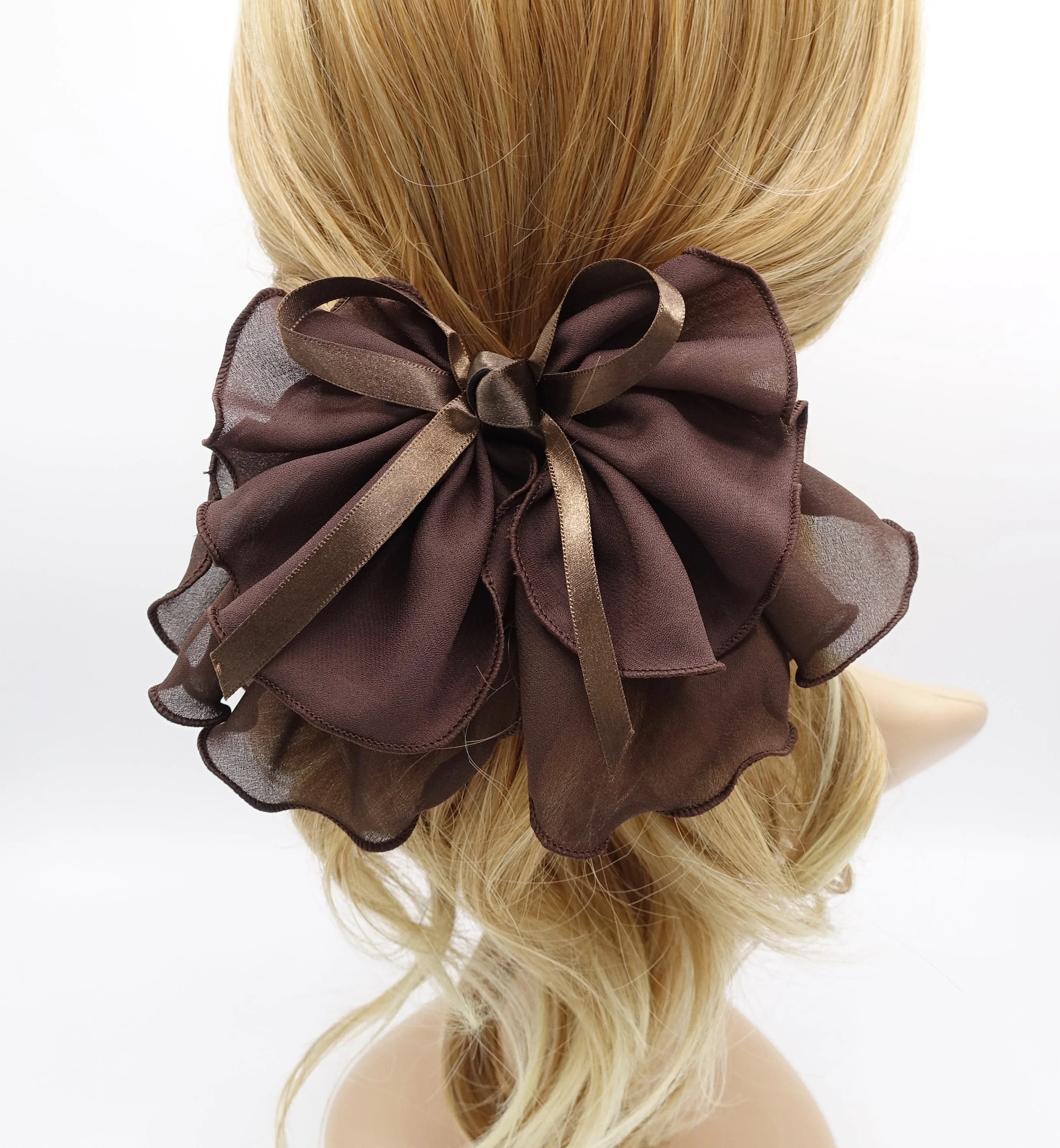 lettuce hem hair bow, chiffon hair bow, satin strap hair bow for women