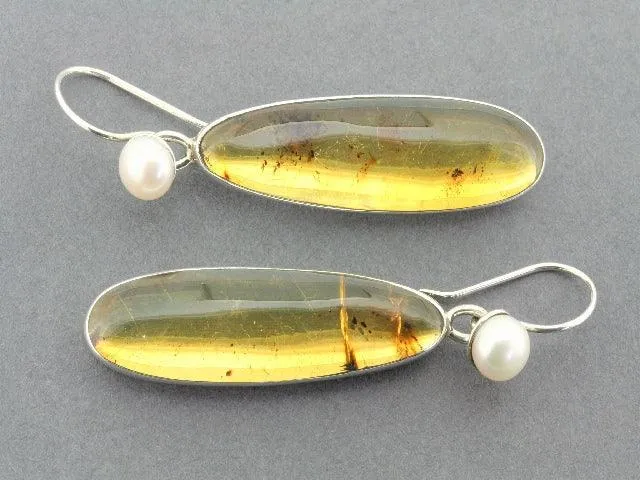 long amber & pearl earrings - sterling silver