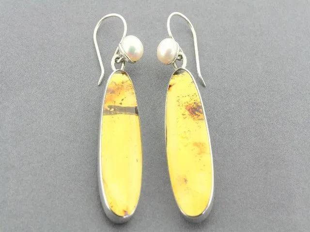 long amber & pearl earrings - sterling silver