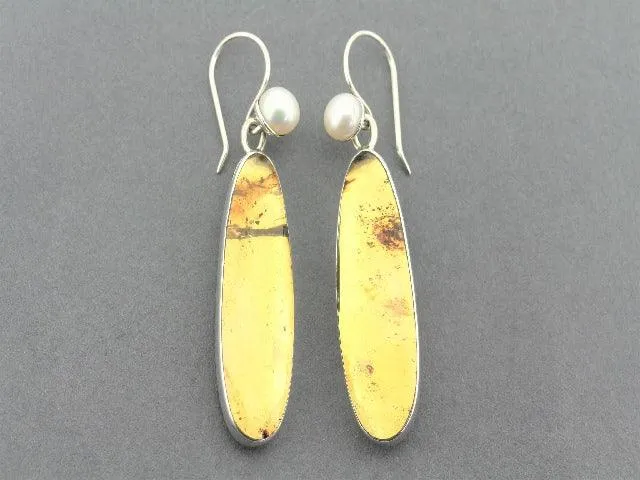 long amber & pearl earrings - sterling silver