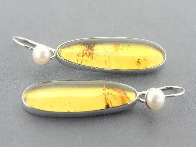 long amber & pearl earrings - sterling silver