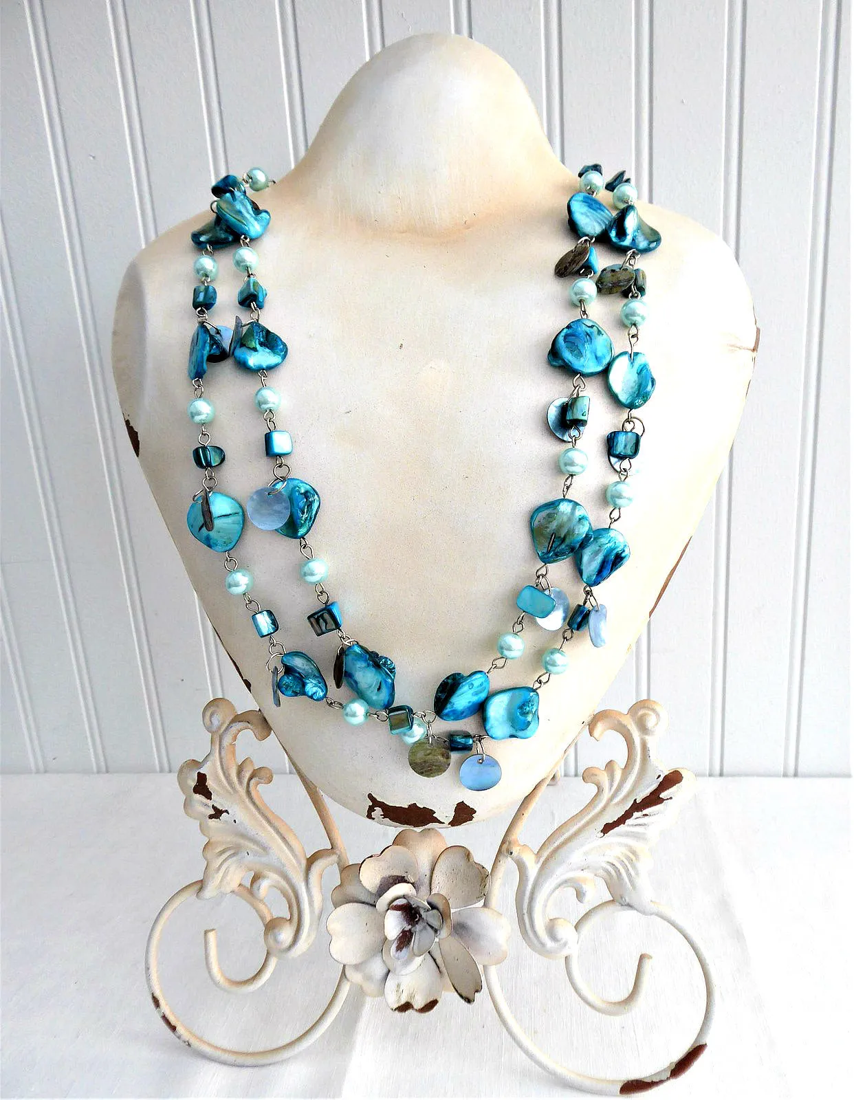 Long Beaded Necklace Turquoise Dyed Shell Beads Dangles Blue Pearl Beads 48 In