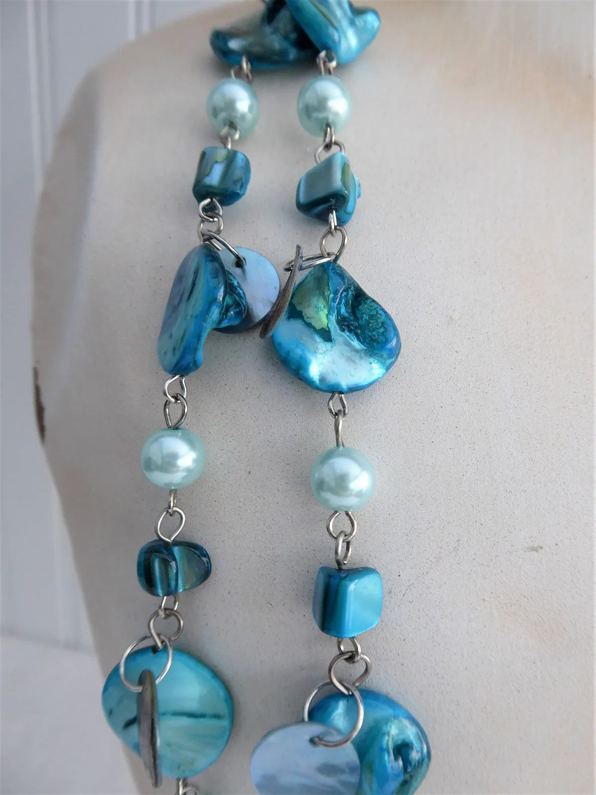 Long Beaded Necklace Turquoise Dyed Shell Beads Dangles Blue Pearl Beads 48 In