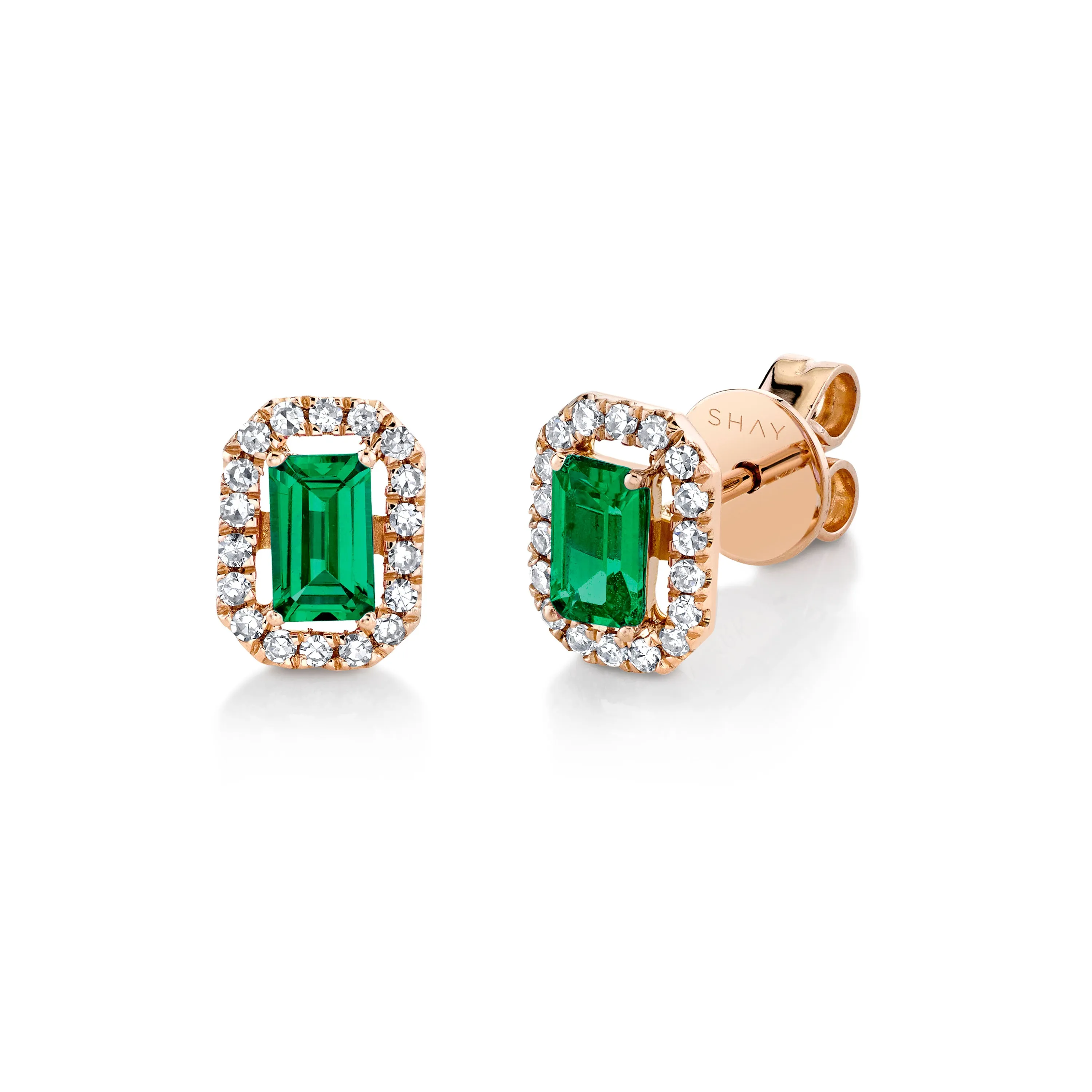 MINI ME DIAMOND HALO EMERALD STUDS