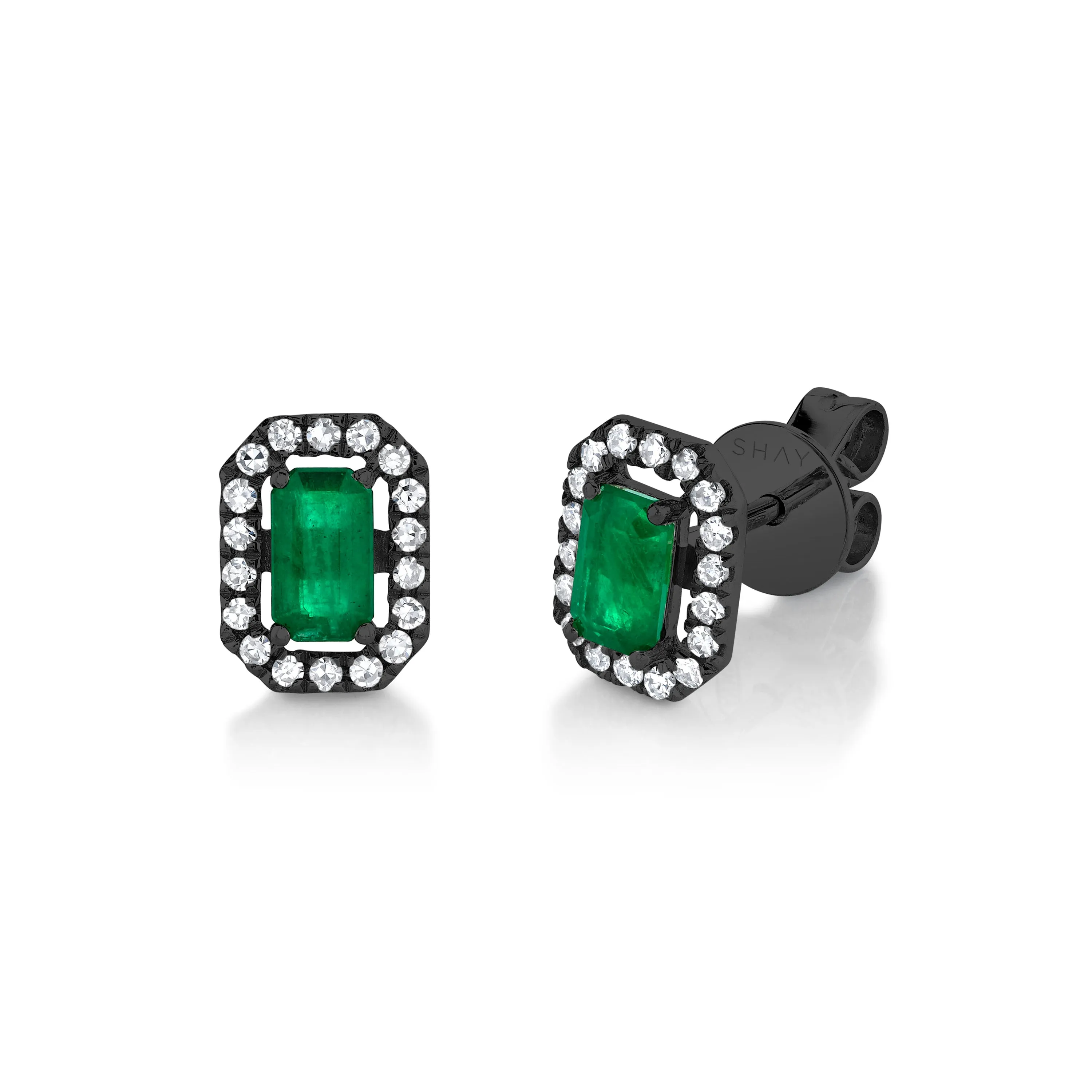 MINI ME DIAMOND HALO EMERALD STUDS