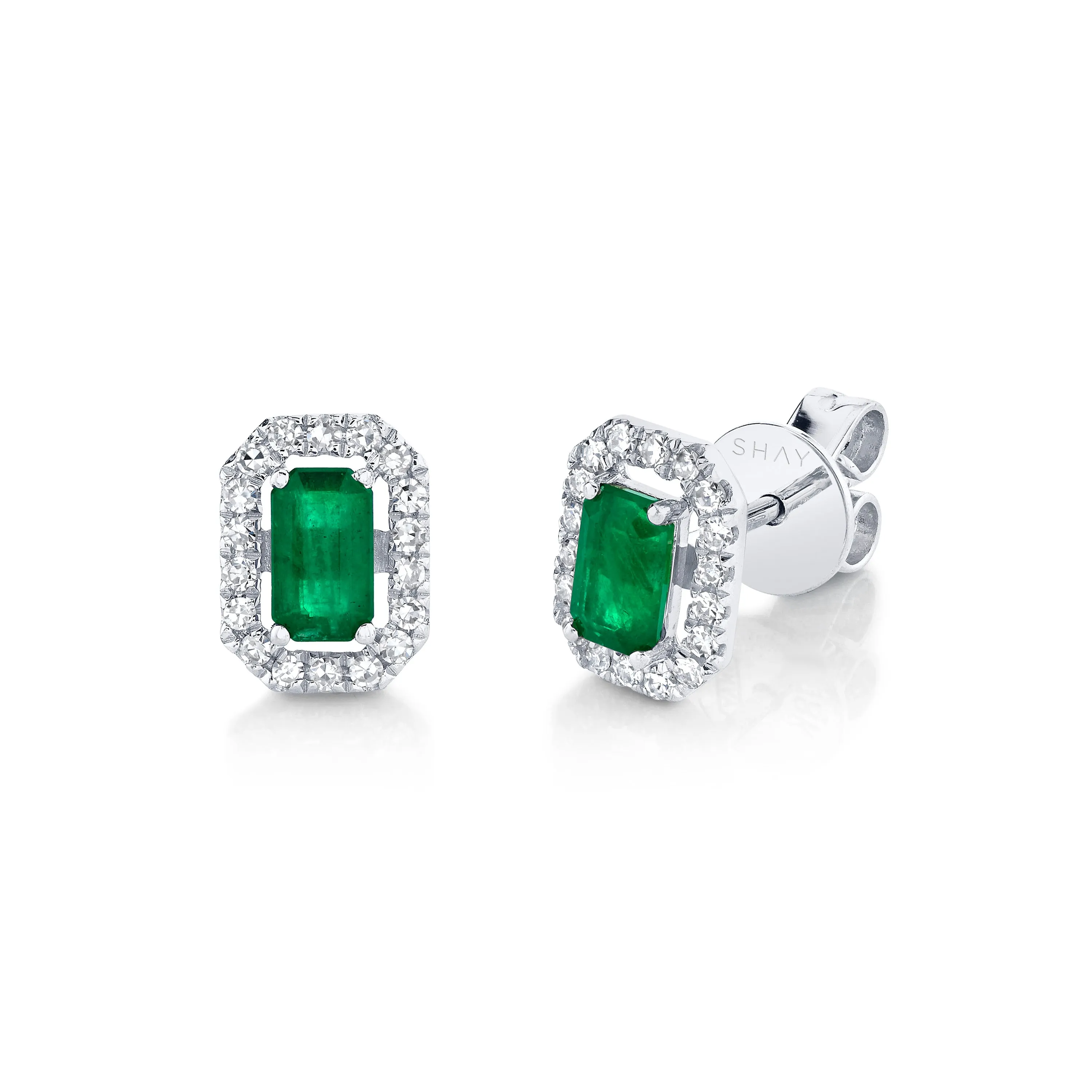 MINI ME DIAMOND HALO EMERALD STUDS