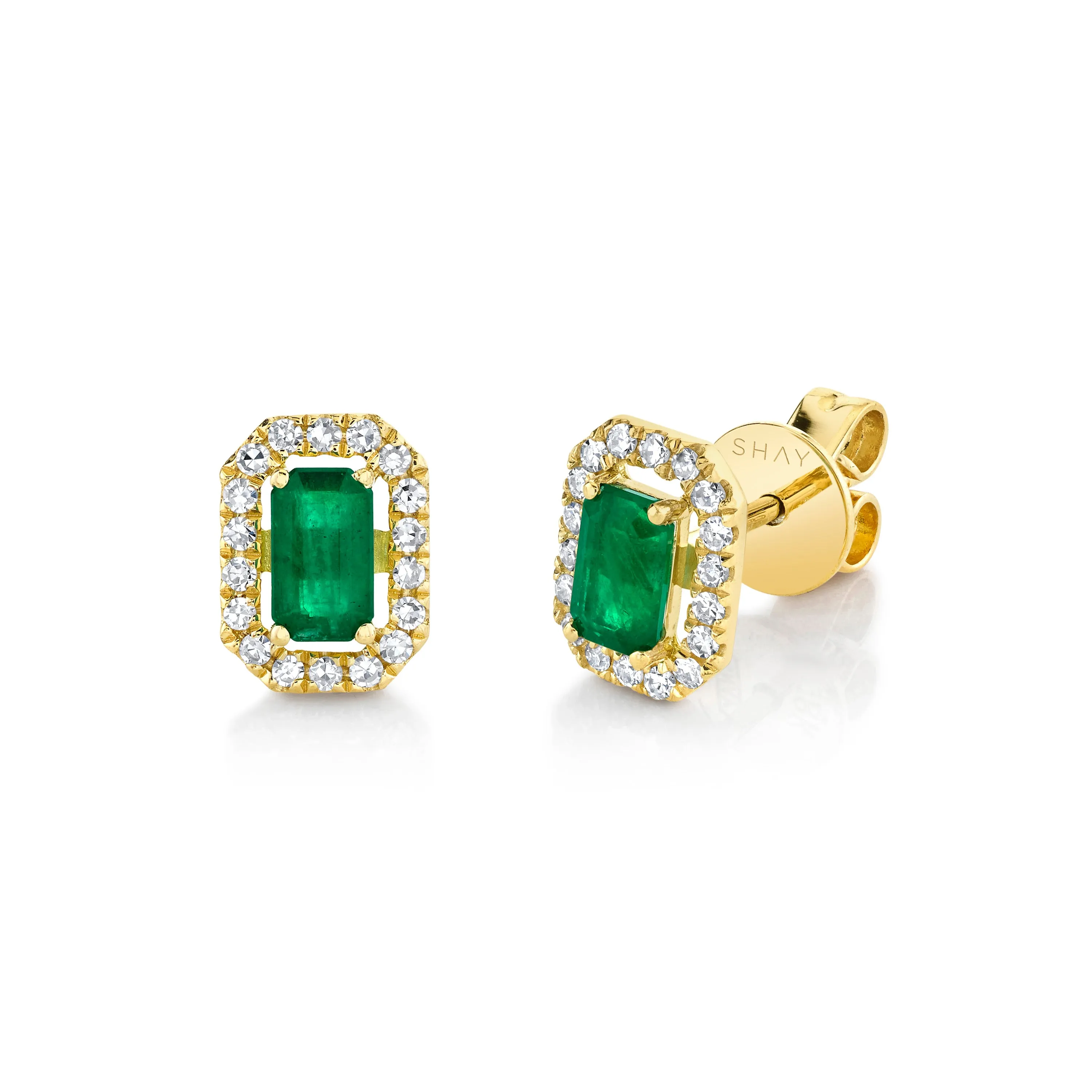 MINI ME DIAMOND HALO EMERALD STUDS