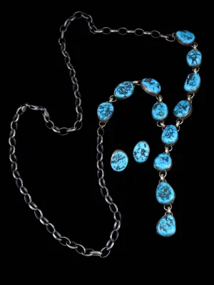 Native American Kingman Turquoise Sterling Silver Lariat Necklace and Earring Set