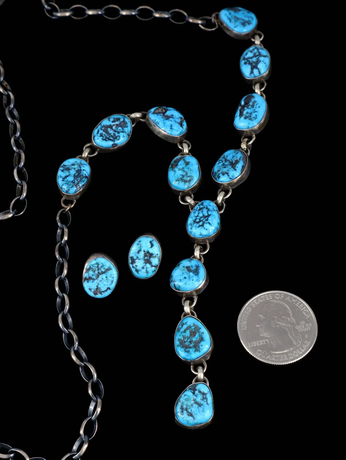 Native American Kingman Turquoise Sterling Silver Lariat Necklace and Earring Set