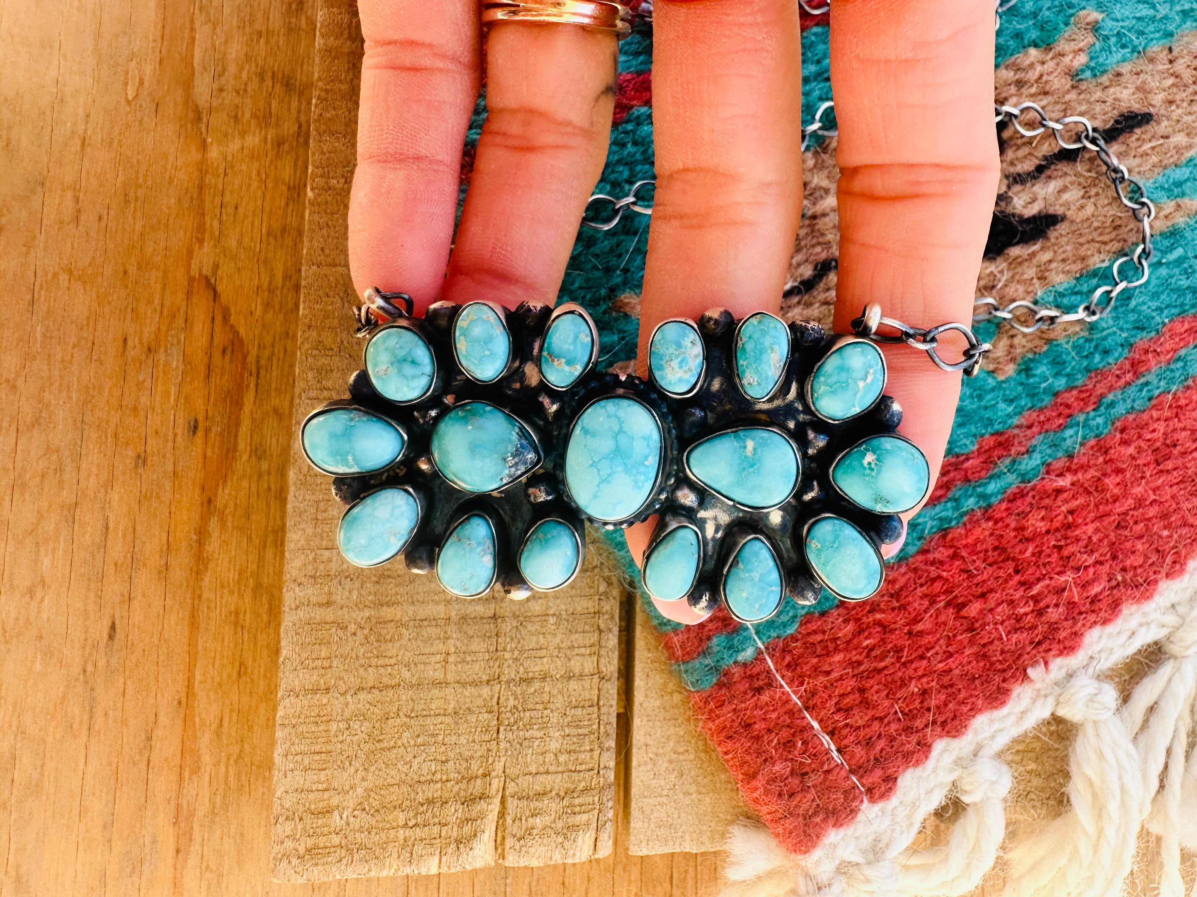 Navajo Sterling Silver & Kingman Turquoise Cluster Necklace