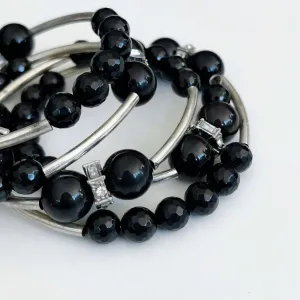 Obsidian Spiral Bracelet With Silver Metal Accents