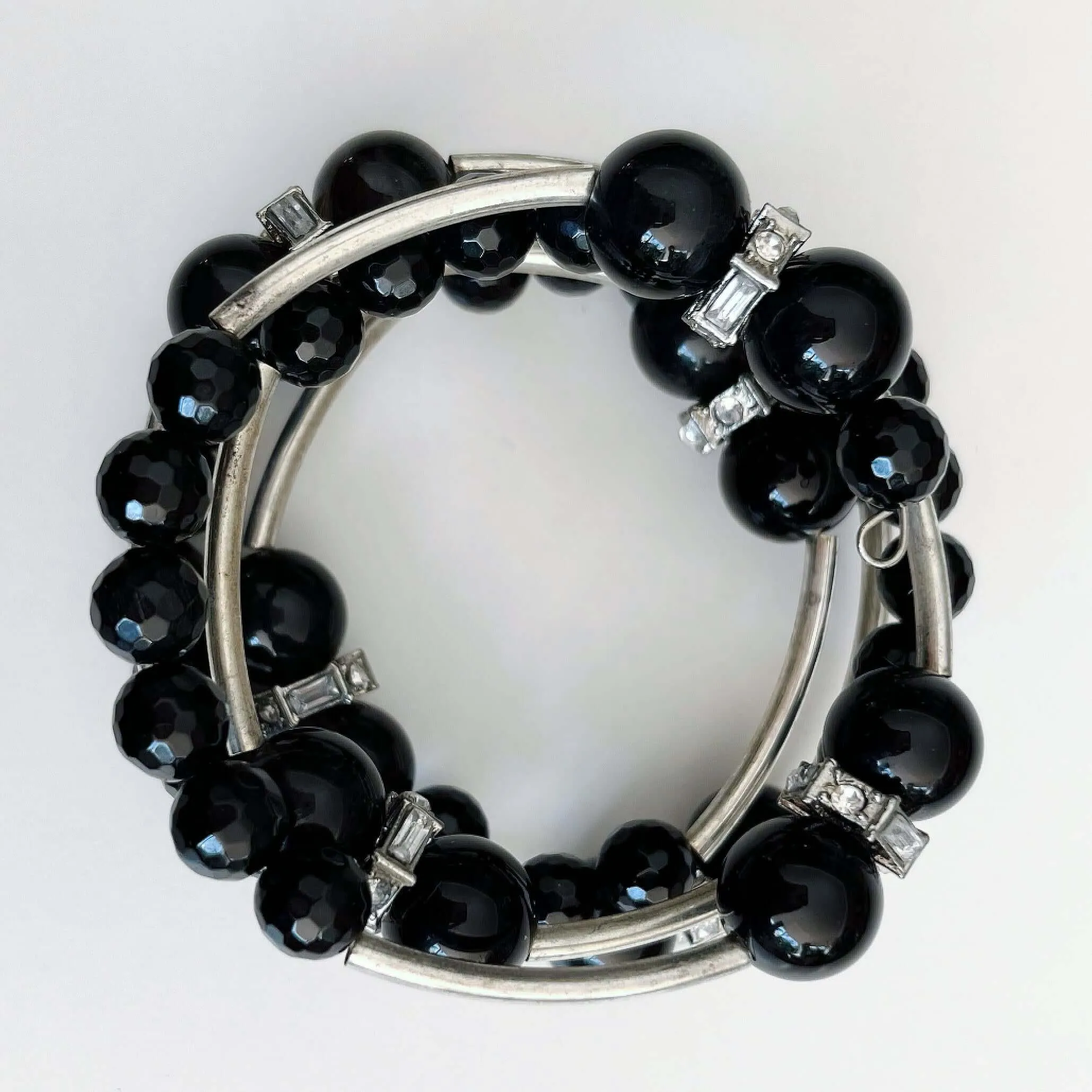 Obsidian Spiral Bracelet With Silver Metal Accents