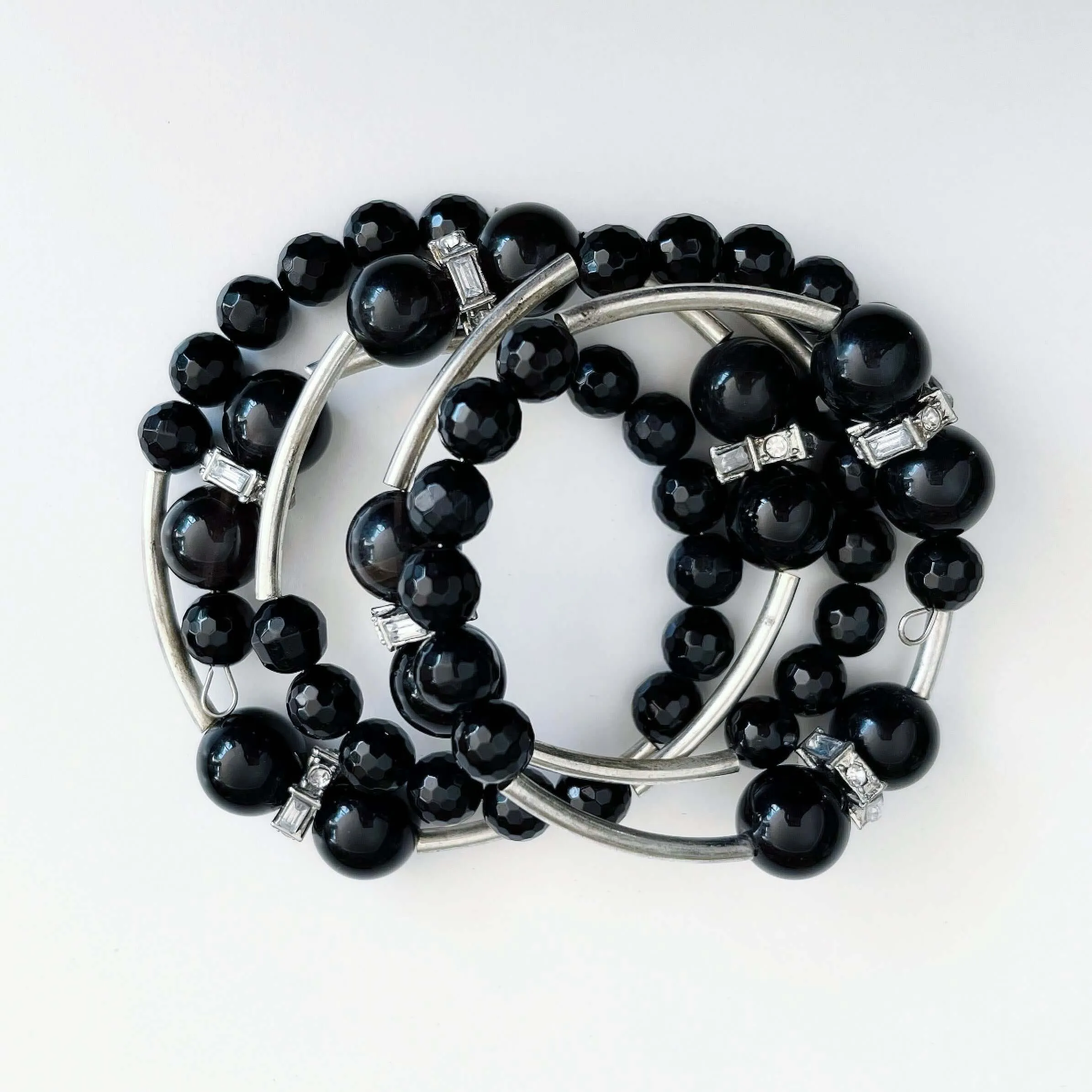 Obsidian Spiral Bracelet With Silver Metal Accents