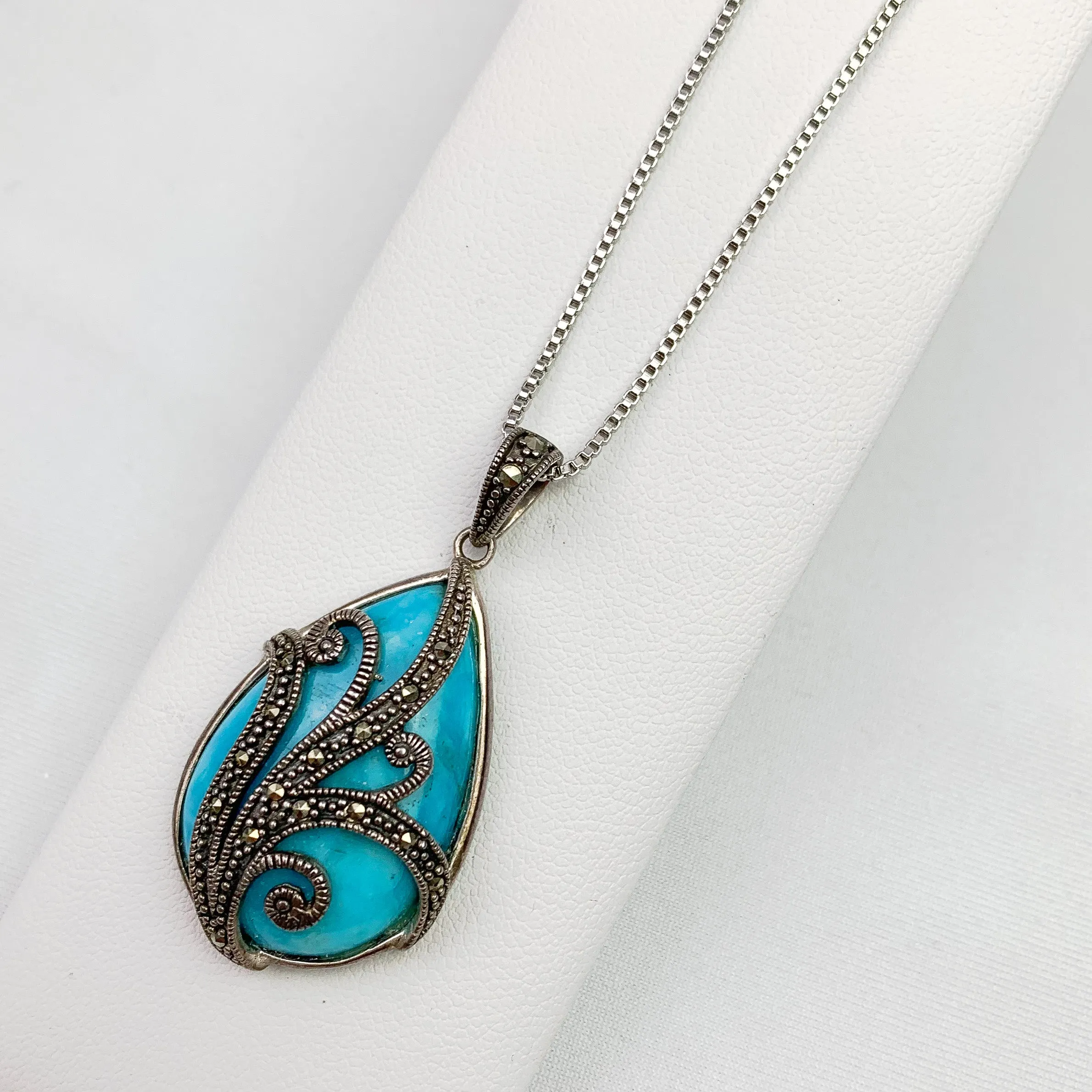 Ocean Breeze Pendant Necklace: Turquoise & Marcasite Elegance