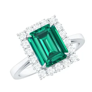 Octagon Cut Lab-Created Emerald Halo Engagement Ring with Diamond