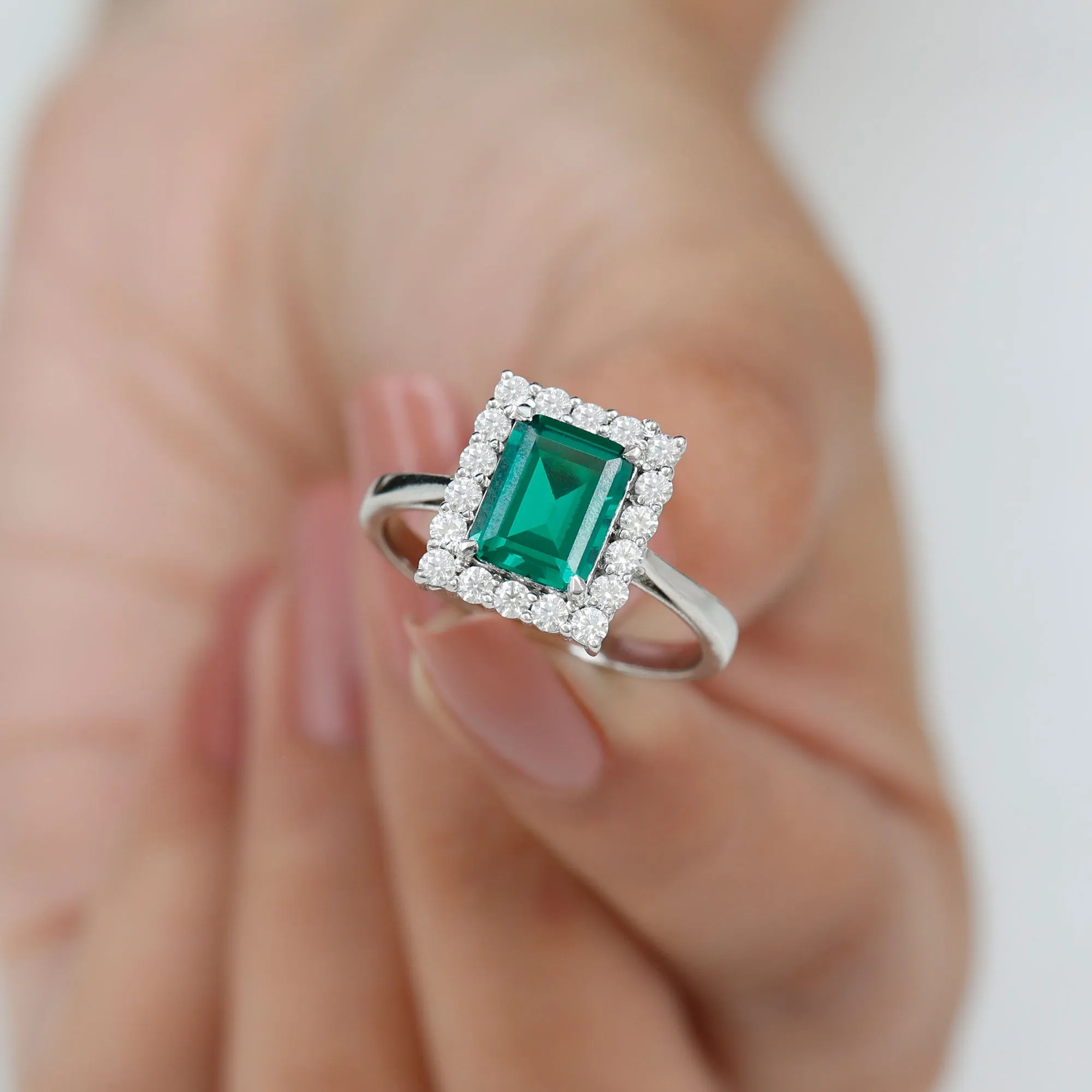 Octagon Cut Lab-Created Emerald Halo Engagement Ring with Diamond